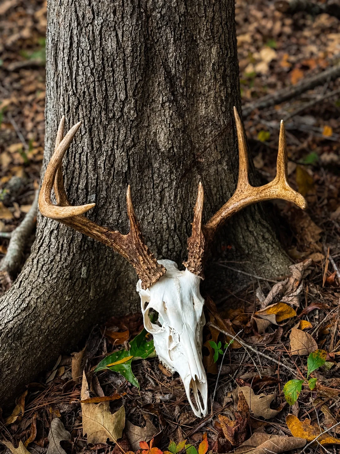Finished euro mount resting against the base of a tree surrounded by fall leaves
