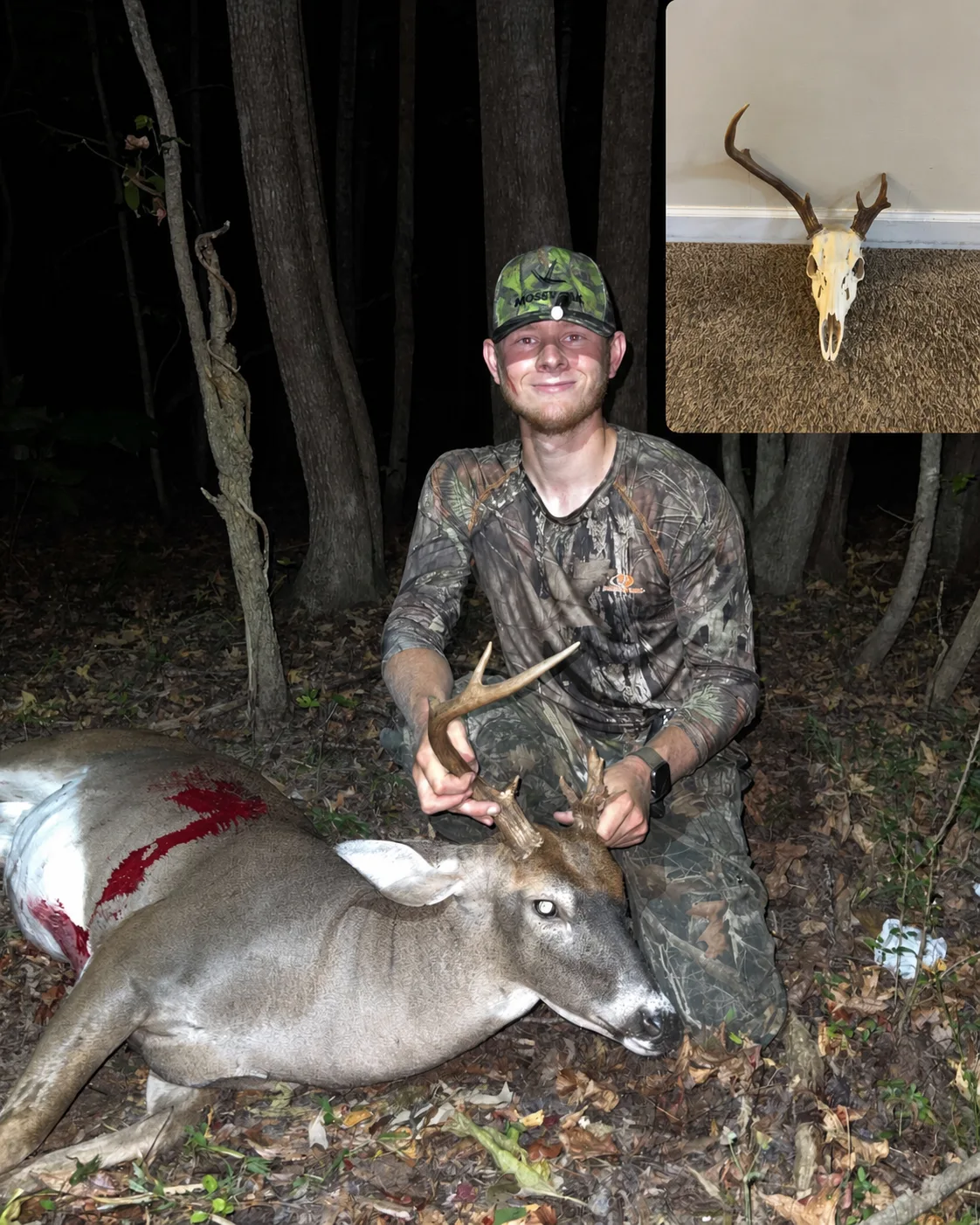 Hunter with harvested whitetail deer and inset photo of the finished euro mount
