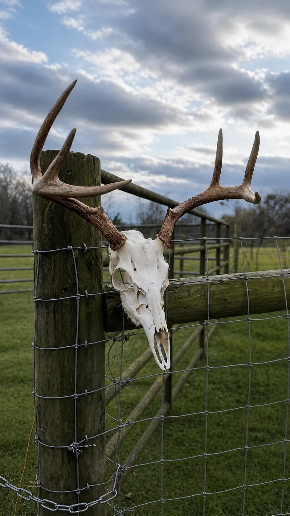 Euro mount displayed on a rustic wooden fence post under a dramatic sky