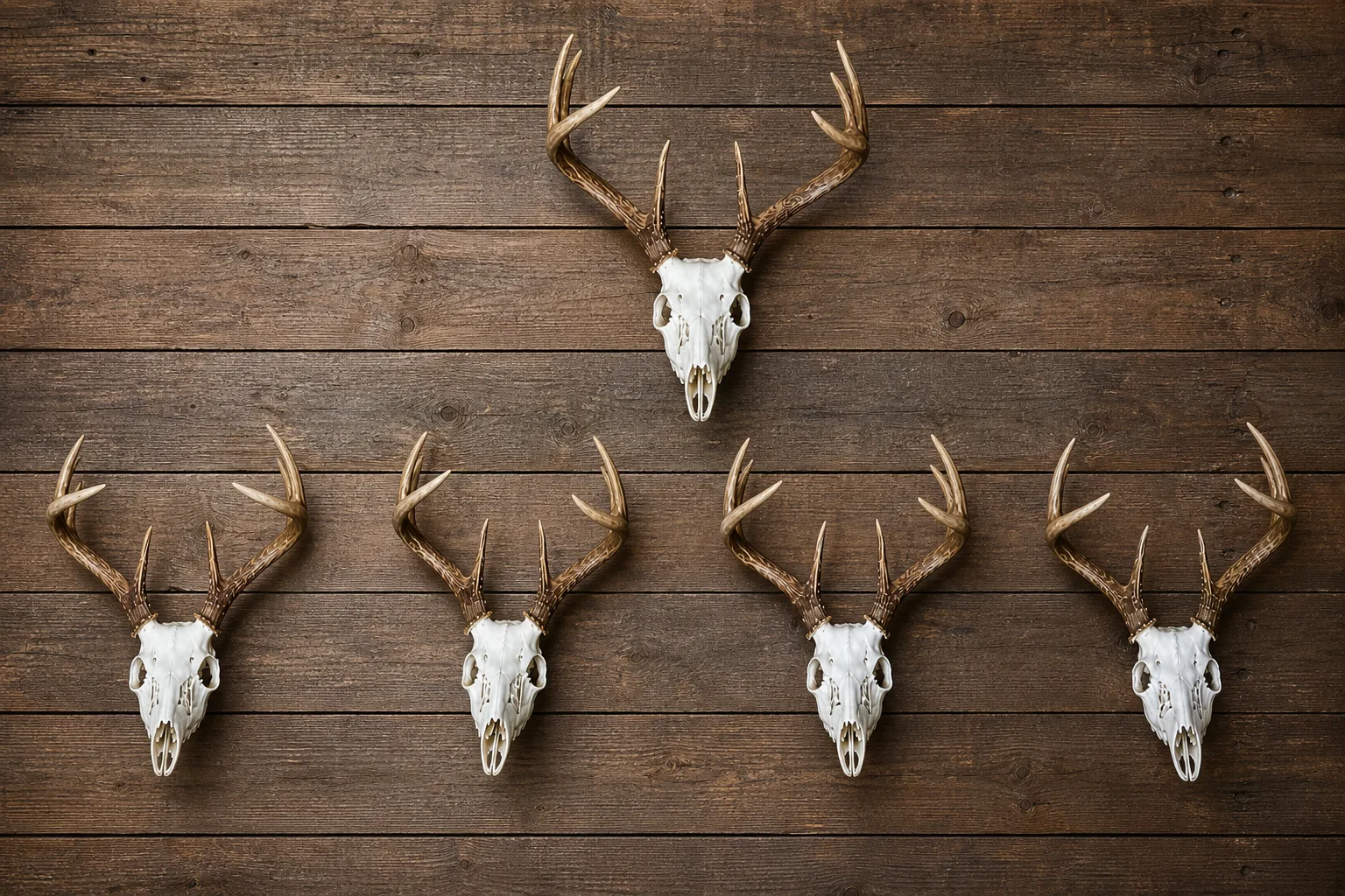 Five whitetail euro mounts displayed on a dark wood plank wall
